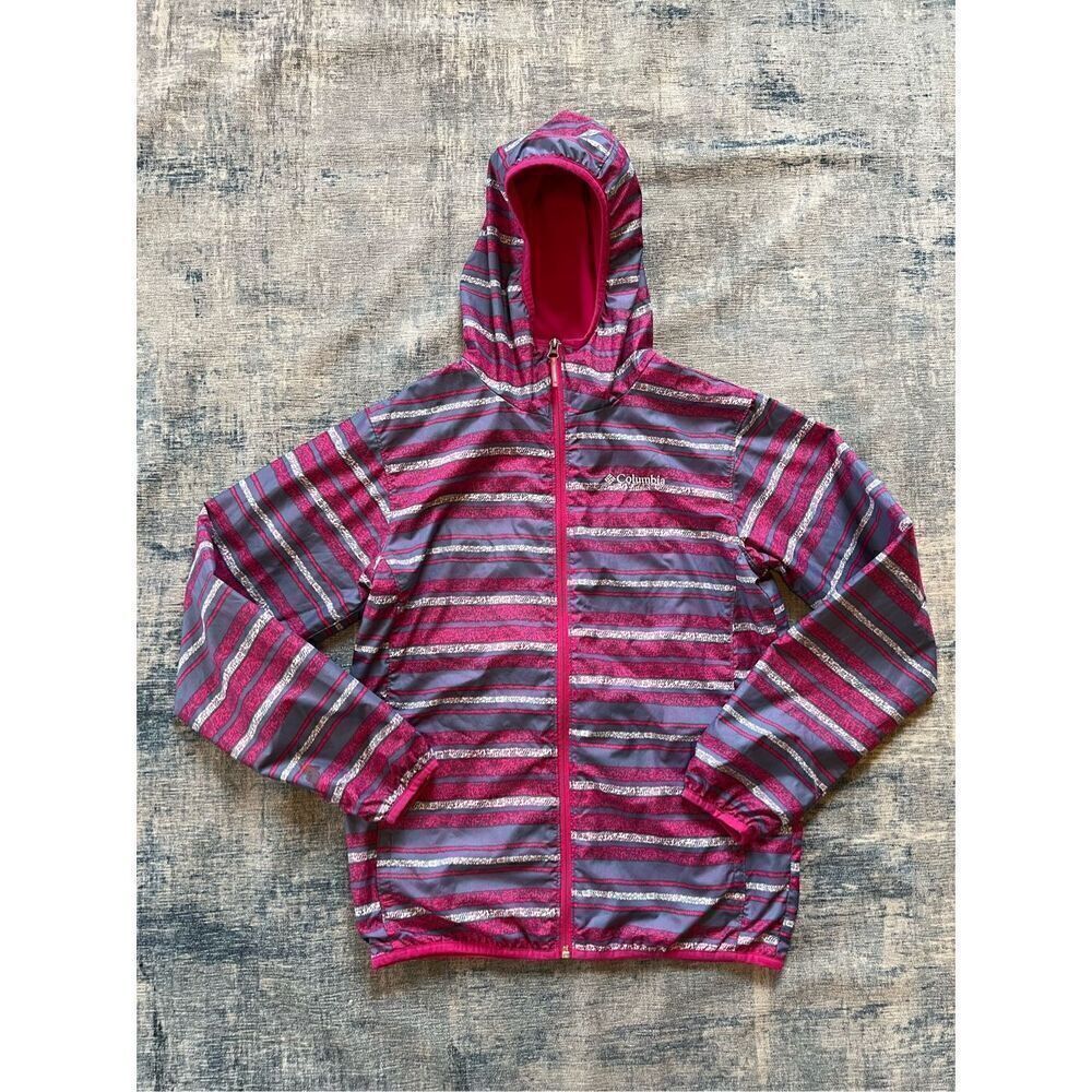 Columbia Pink Gray Stripe Lightweight Full Zip Hooded Jacket Girls Large